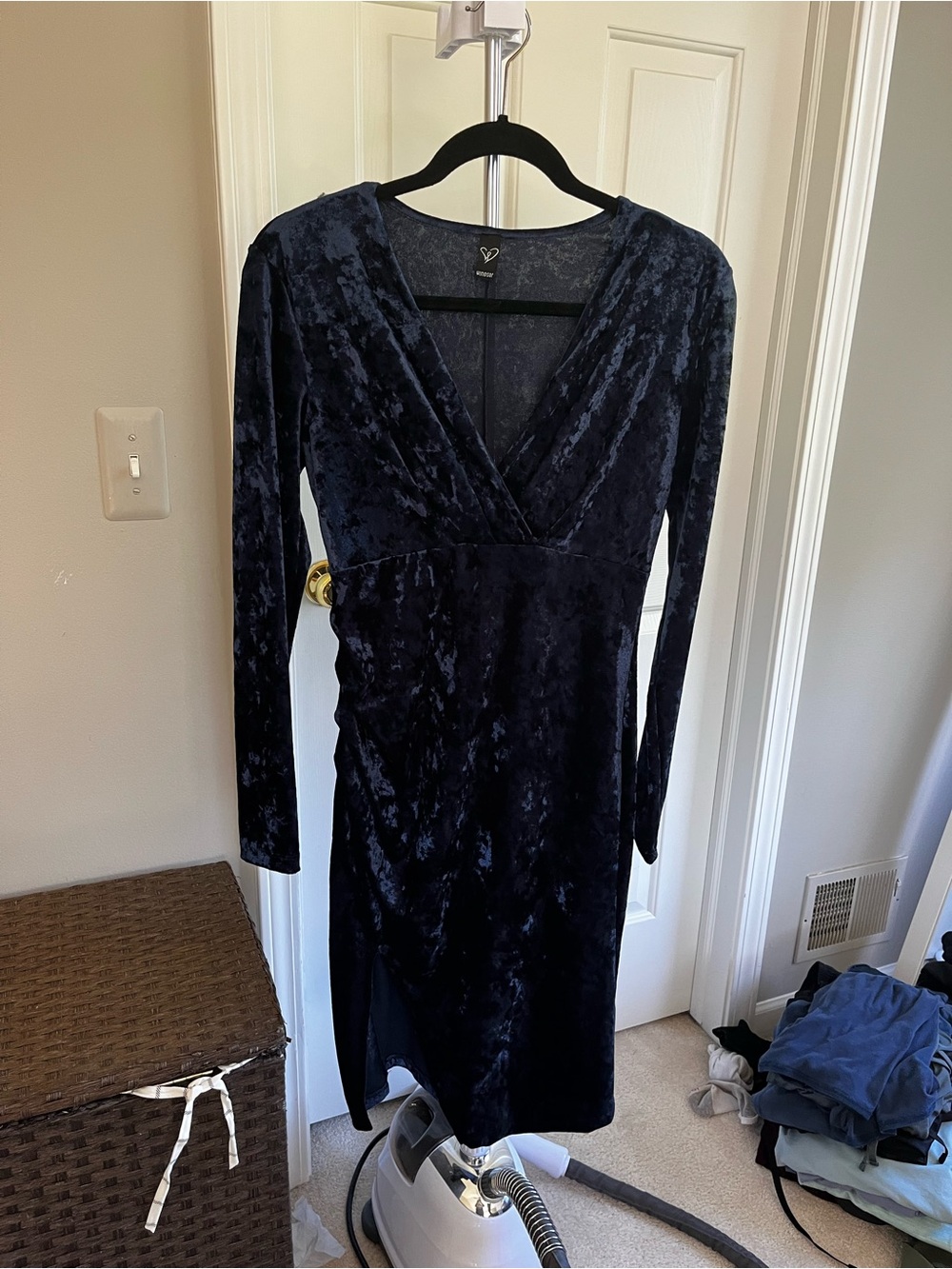 Windsor Navy Velvet Long-Sleeve Wrap Midi Dress